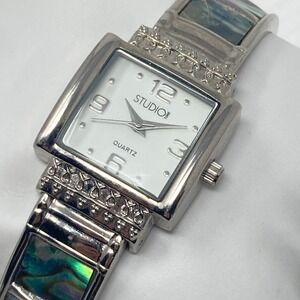 Studio Time Abalone Watch Women 24mm Silver Tone Hinged Cuff New Battery 6.25"